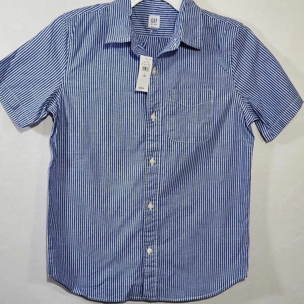 Gap Boys Size 10 Oxford Blue Strip Short Sleeve Collard Button Down Pocket Shirt